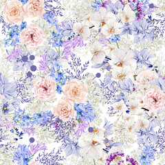 Elegant spring summer seamless floral pattern with hand drawn violet flower, purple floral, white orchid, rose, peony, bluebells illustration. Flower background for the textile fabric, wrapping paper