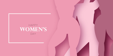 Free women of different cultures standing or dancing together. Women's friendship. Happy Women's day. Mother's Day. Venera, Venus female concept paper cut style. Body positive. Pink.
