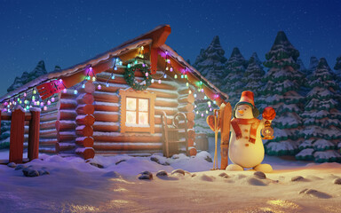 The snowman holds his skis in the evening, standing outside a wooden house decorated with garlands. 3D render.