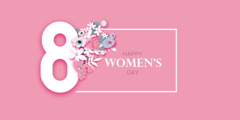Floral Happy Womens Day. 8 March. Trendy Mothers Day. Paper cut Flowers. Origami Flowers. Spring blossom on pink. Spring time. Text. Seasonal holiday. Modern decoration. pink Very peri.