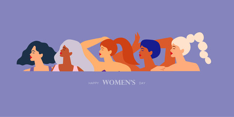 Five women of different cultures dancing or standing together. Women's friendship. Happy Women's day. Mother's Day. Venera, Venus female paper cut style. Body positive. Purple. Veri pery.