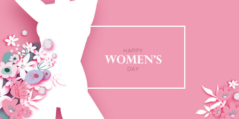Floral female silhouette. Dancing woman. Flower bouquet. Happy Women's day. Happy Mother's Day. Venera, Venus female concept paper cut style. Body positive. Pink. Purple. © masherdraws