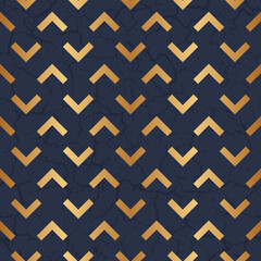 Marble seamless pattern with gold geometric elements. Repeated blue geo background with marble effect for design prints. Repeating golden printed. Golded texture abstract printing. Vector illustration - obrazy, fototapety, plakaty