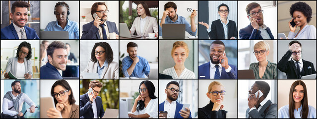 Collage with diverse business people portraits in row. Headshots of entrepreneurs showing different emotions