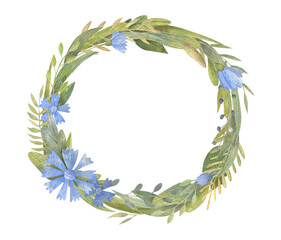 Fototapeta na wymiar Watercolor round wreath with blue flowers and green plants and leaves on a white background. The mood of spring and summer. Perfect for cards, invitations, greetings, greetings and your other ideas.