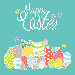 Easter card in flat style. Greeting card with Easter eggs and spring flowers. Colored banner with inscription.