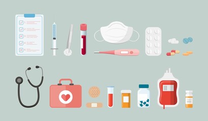 A set of vector icons of medical equipment and drugs, pills, medical bottles, syringes, vaccines, blood, stethoscopes, medical masks, medicine and health care
