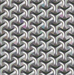 Metal mesh made of iridescent material. Seamless tiled texture. Shiny reflective pattern surface. 3D render