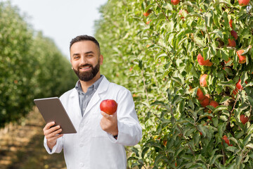 Beautiful millennial man agronomist working in organic fruit orchard