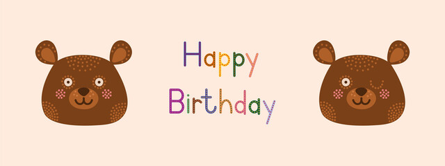 Head with expression of emotions of a funny teddy bear in cartoon style isolated on a colored background. Birthday card.