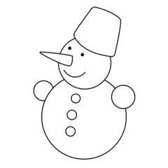 Cute snowman. Simple outline drawing. Hand drawn snowman in doodle сartoon style.  Black lines isolated on a white background. Holiday linear illustration for print, web, card, goods. Vector.