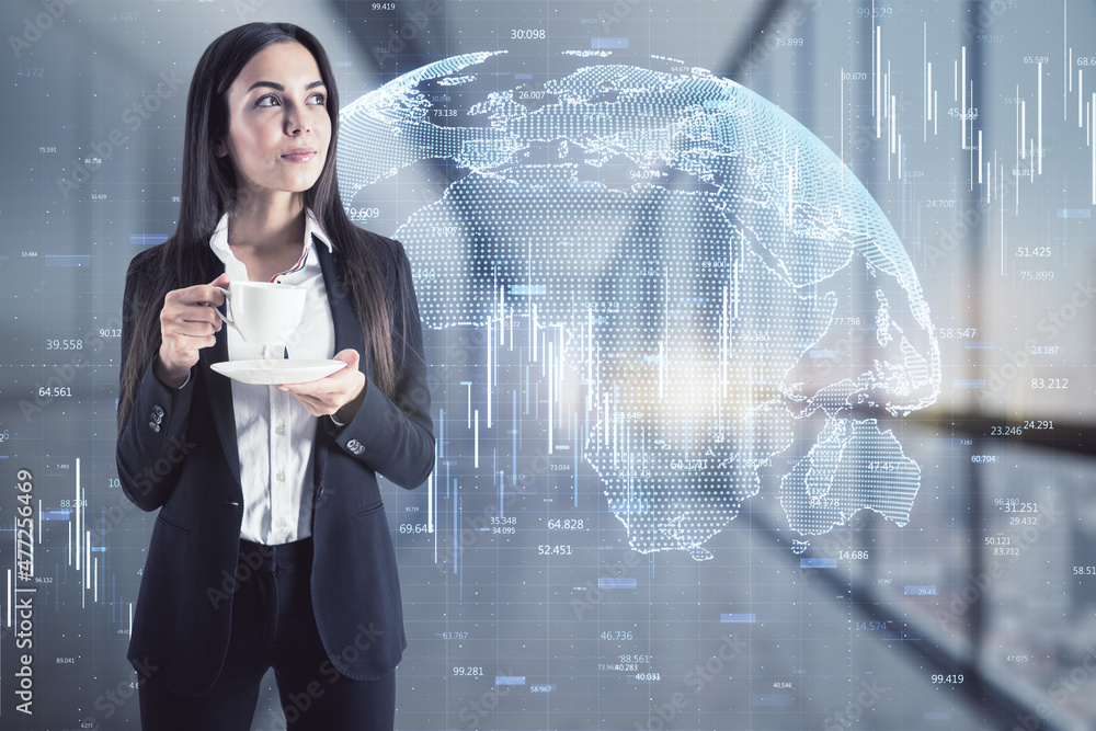 Poster attractive young european businesswoman drinking coffee with abstract big data globe and candlestick