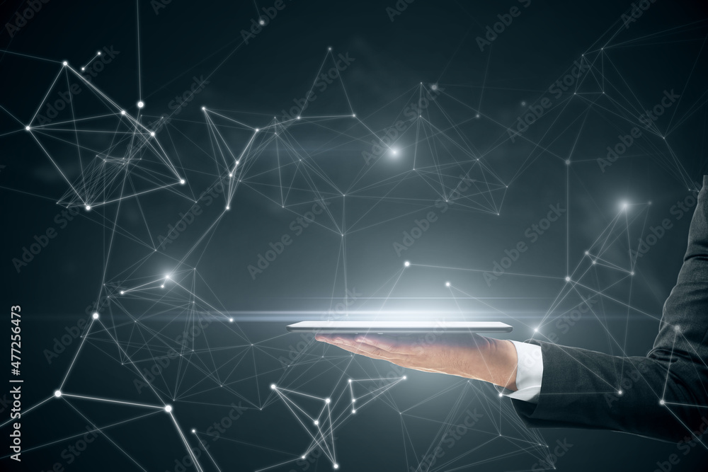 Aufkleber close up of business man hand holding tablet with abstract polygonal mesh. technology, communication