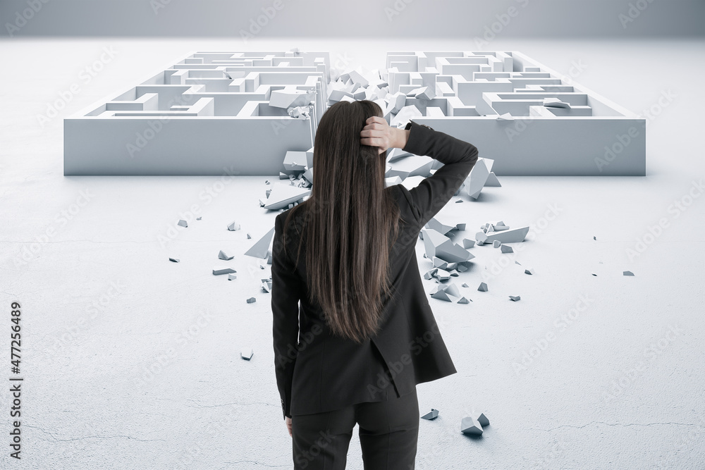 Poster back view of businesswoman in suit looking at white maze. solution and challenege concept.