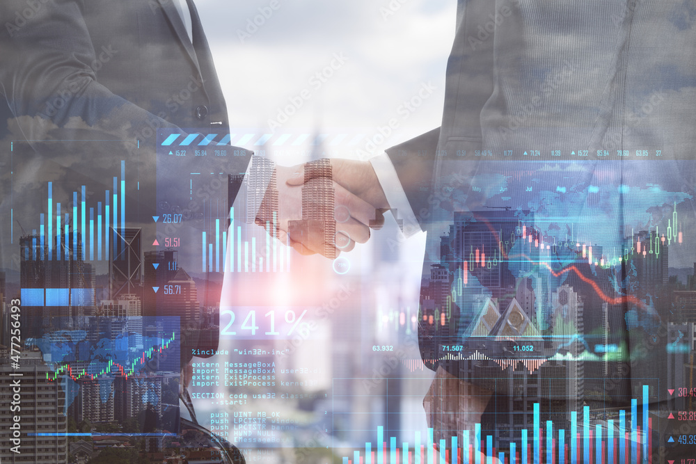 Poster side view of businessmen shaking hands on abstract blurry city background with glowing forex chart a