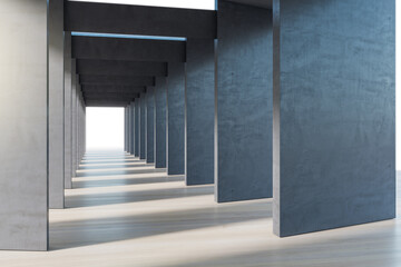 Simple concrete square corridor. Space and hallway concept. 3D Rendering.