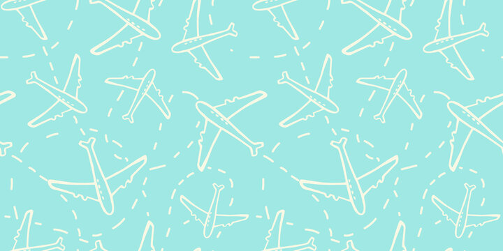 soft blue seamless pattern with planes and routes. Illustration about travel and adventures