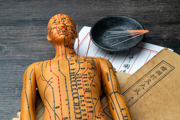 Acupuncture models and medical books are on the table. Acupuncture is a traditional Chinese medical...