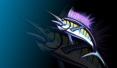 Rainbow trout jumping out water.Salmon isolated on white background. Concept art for horoscope, tattoo or colouring book.
