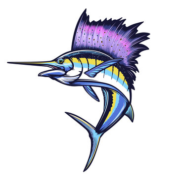 Marline fishing grunge background. Fishing retro theme. Sword fish.