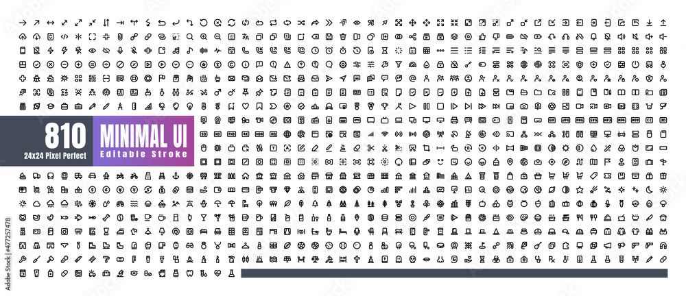 Fototapete 24x24 pixel perfect. basic user interface essential set. 810 line outline icons. for app, web, print