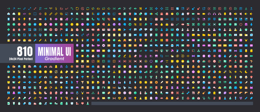 24x24 Pixel Perfect. Basic User Interface Essential Set. 200 Flat Gradient Color Icons. For App, Web, Print. Round Cap and Round Corner. Ready to use and Easy to Customize. Good for Dark Mode Theme.