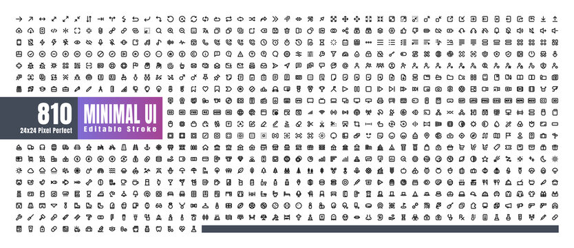 24x24 Pixel Perfect. Basic User Interface Essential Set. 810 Line Outline Icons. For App, Web, Print. Editable Stroke. 2 Pixel Stroke Wide with Round Cap and Round Corner. Editable Stroke.