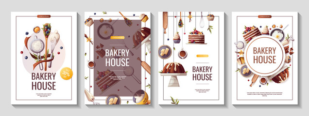 Fototapeta na wymiar Set of flyers for baking, bakery shop, cooking, sweet products, dessert, pastry. A4 Vector illustration for poster, banner, cover, flyer, menu, advertising.