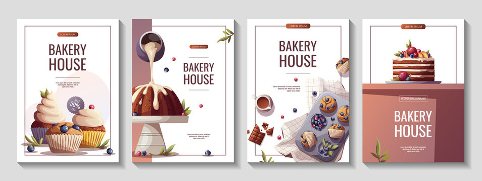 Set of flyers for baking, bakery shop, cooking, sweet products, dessert, pastry. A4 Vector illustration for poster, banner, cover, flyer, menu, advertising.