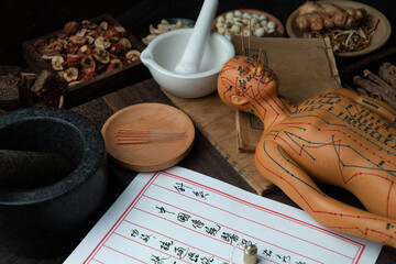 Acupuncture models and medical books are on the table. Acupuncture is a traditional Chinese medical method