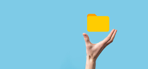 Hand hold folder icon.Document Management System or DMS setup by IT consultant with modern computer...