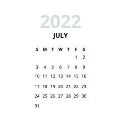 2022 July Month Calendar. Vector Illustration of Time Numbers.