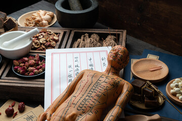 Acupuncture puppets and traditional Chinese medicine are on the table