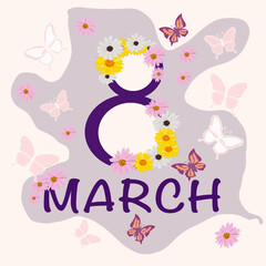Obraz premium Colorful greeting card 8 March International Women's Day. Multi-colored flowers. Background from beautiful butterflies.