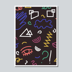 Mid century abstract scribble shapes vivid composition. Funky contemporary collage arrangement.