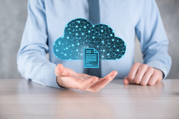 Cloud technology. Polygonal wireframe cloud storage sign with document icon on dark blue. Cloud...