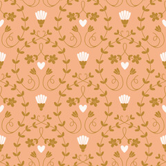 Hand drawn floral seamless pattern in pastel colors. Delicate branches with leaves and flowers. Vintage ornate background.