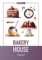 The process of baking cakes. Baking, bakery shop, cooking, sweet products, dessert, pastry concept. A4 Vector illustration for poster, banner, flyer, cover, menu, advertising.