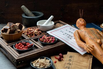 Acupuncture puppets and traditional Chinese medicine are on the table