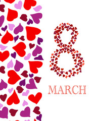 Festive greeting card for March 8. Background from red hearts. Place for your text.