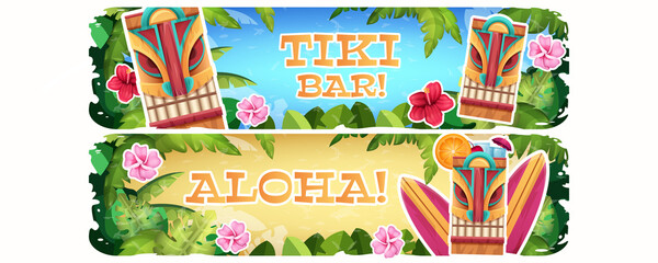 Banners with traditional wooden tribal mask, tropical hawaii exotic plants and flowers. Invitation posters for hawaiian aloha party with tiki bar on white background. Cartoon vector illustration. © redgreystock