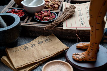 Acupuncture puppets and traditional Chinese medicine are on the table