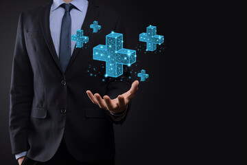 Businessman hand holding 3D plus low polygonal icon.Plus sign virtual means to offer positive thing like benefits, personal development, social network Profit,health insurance, growth concepts.