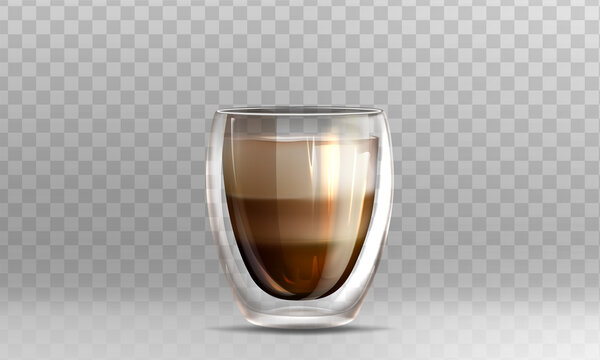 Realistic vector illustration of latte coffee in glass cup with double walled on transparent background. Cappuccino hot drink with milk foam. Mockup template for branding or product design.