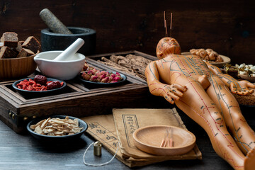 Acupuncture puppets and traditional Chinese medicine are on the table