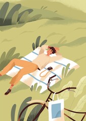 Man relaxing and sleeping on grass on summer holidays. Young person resting in solitude in peaceful nature. Happy guy lying on blanket outdoors. Summertime leisure, slow life. Flat vector illustration