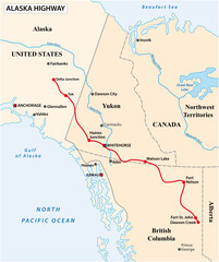 vector map of the alaska highway, united states, canada 