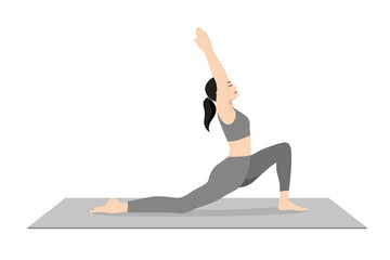 Low Lunge Pose, Crescent Low Lunge Pose, Crescent Moon Pose. Beautiful girl practice Anjaneyasana. Young attractive woman practicing yoga exercise. working out, black wearing sportswear, grey pants - obrazy, fototapety, plakaty