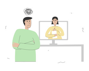 Online therapy and counseling for stress and depression. A young woman psychotherapist supports a man with psychological problems. Vector