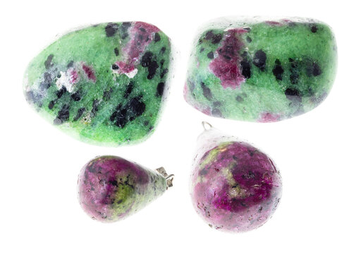 set of various anyolite (zoisite) gemstones cutout